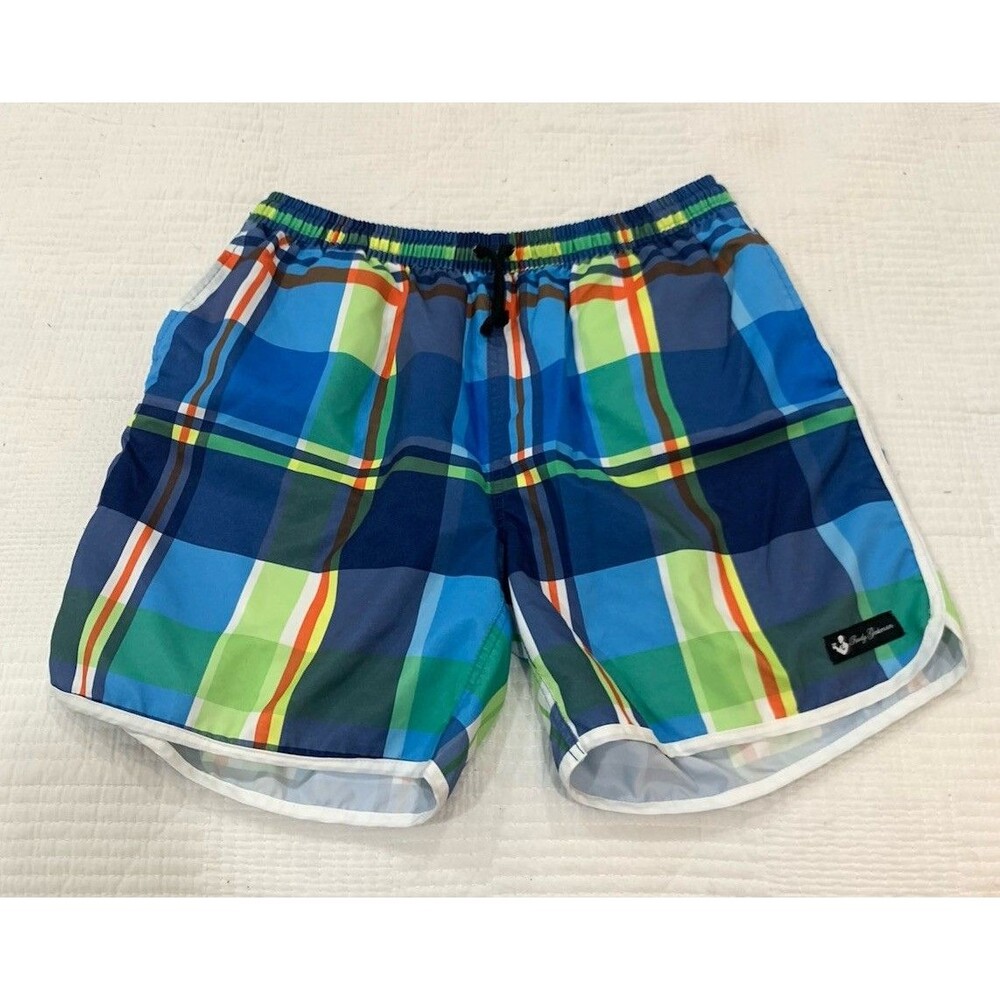 Rowdy Gentleman Swim Trunks Mens Large Green Blue Red Plaid Unlined Board Shorts